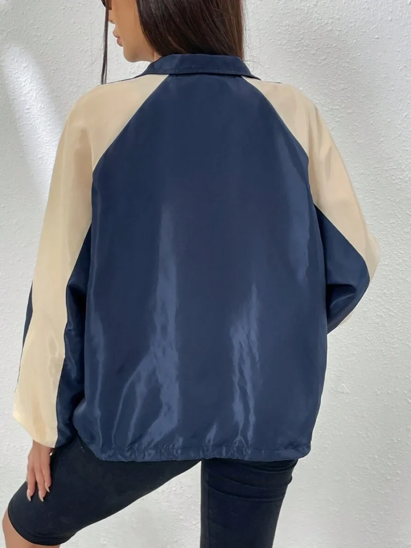 Colorblock Raglan Sleeve Drawstring Hem Zip Up Windbreaker