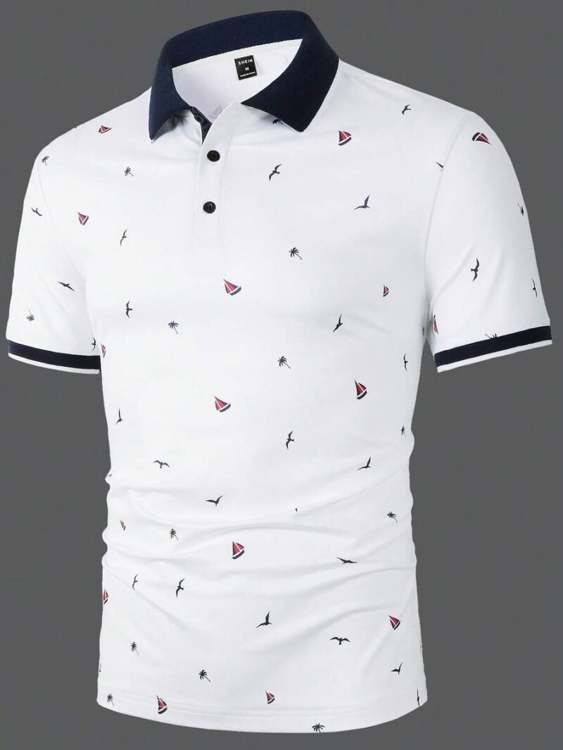 Allover Print Contrast Trim Half Button Collar