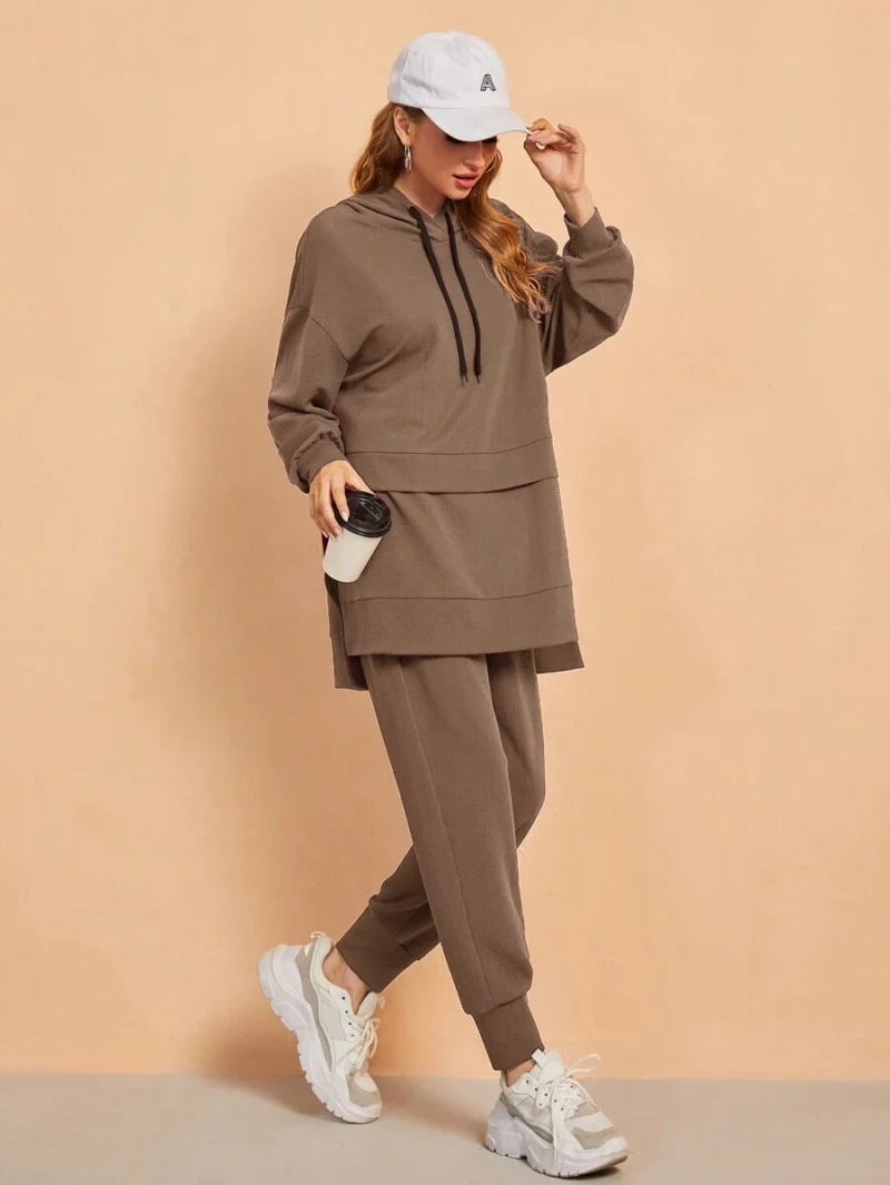 Casual Simple Solid Color Sports Hoodie And Drawstring Waist Pants