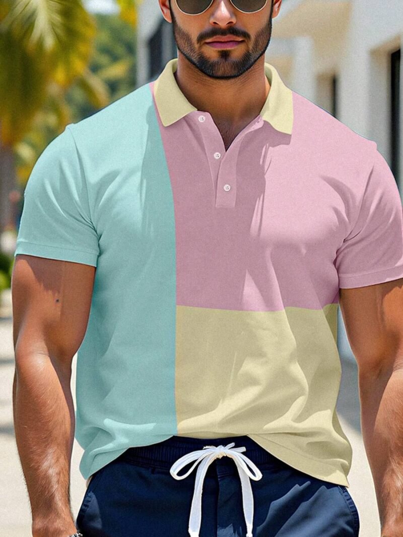 Button Color Block Polo Shirt For Summer