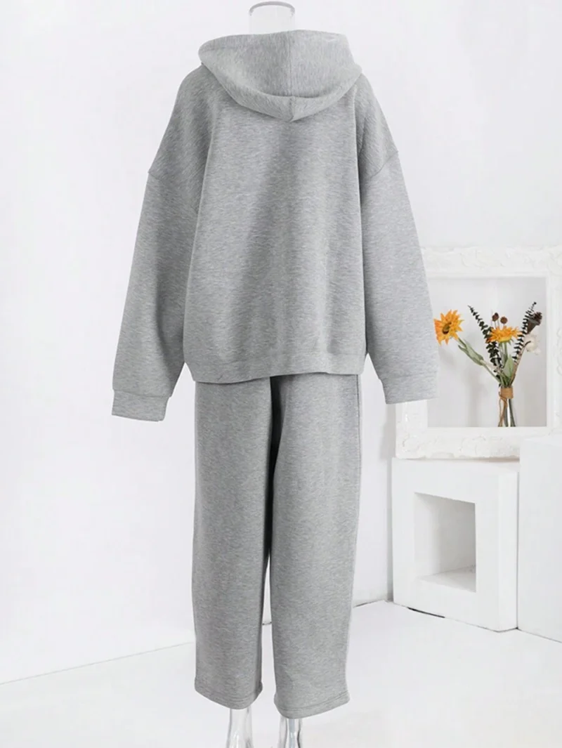 Solid Color Drawstring Hoodie  And Sweatpants Set