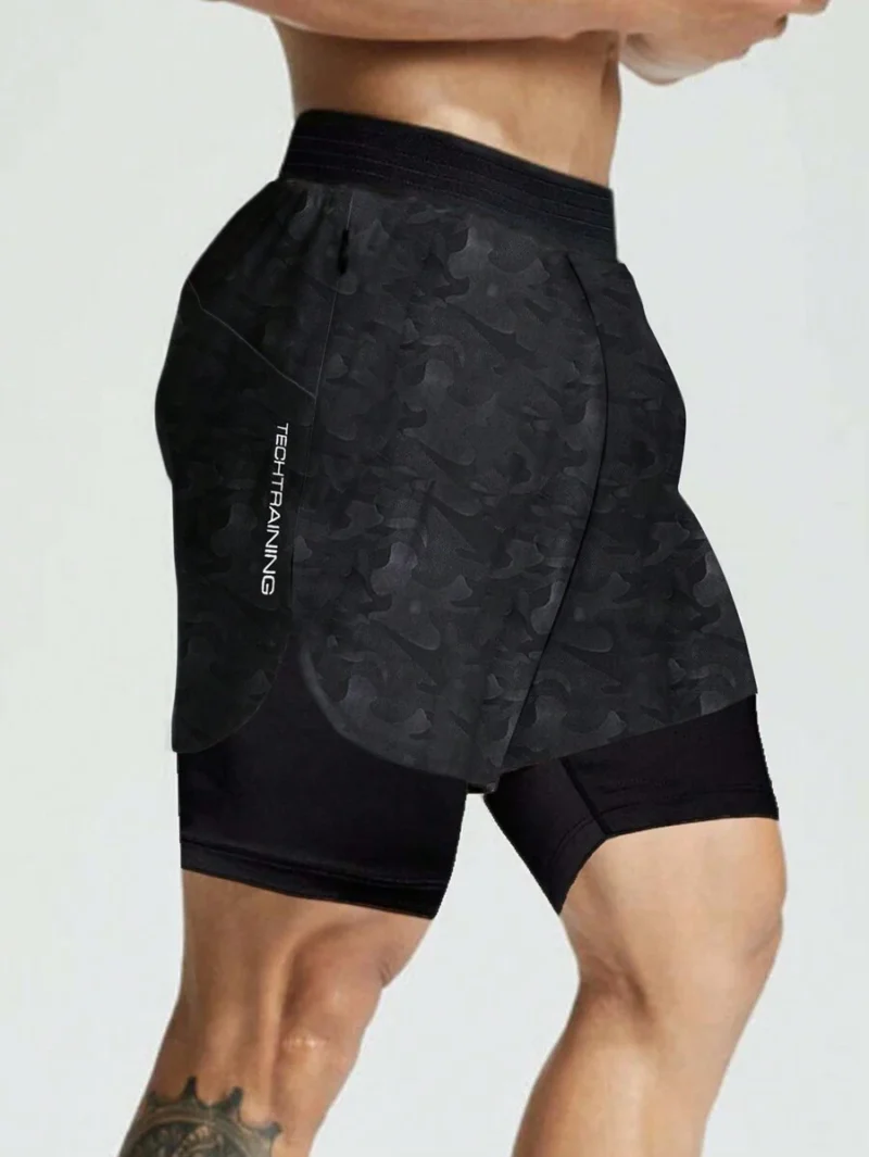 Letter Print Patch Pocket Athletic Shorts