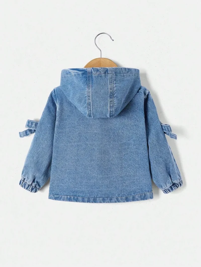 Hooded Jacket With Bow Decor & Denim Pattern