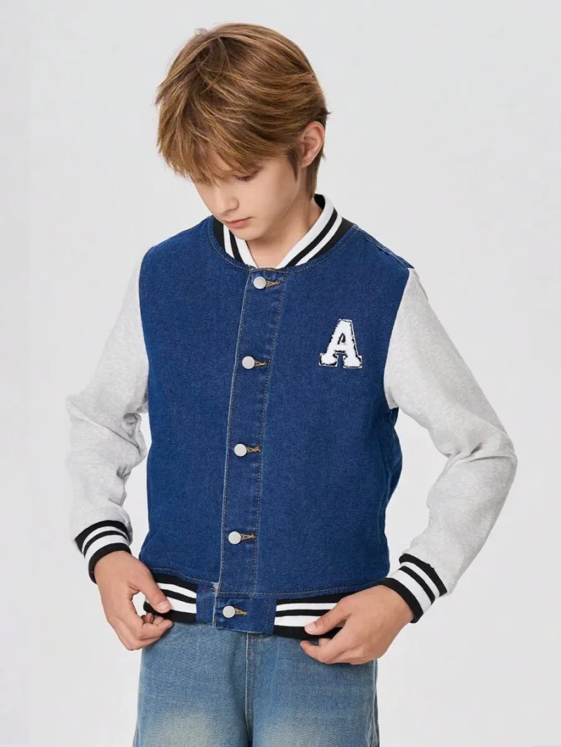 Letter Patched Striped Trim Colorblock Denim Varsity Jacket