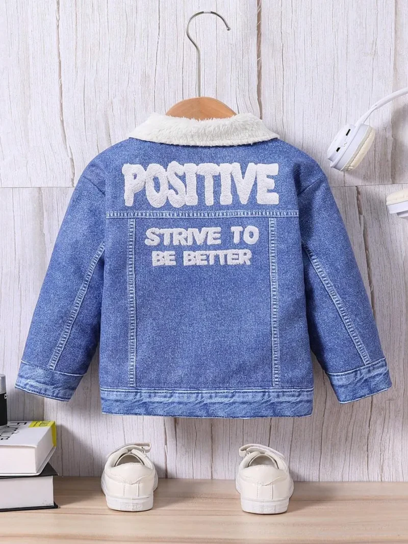 Lined Turndown Collar Letter & Denim Effect Long Sleeve Jacket
