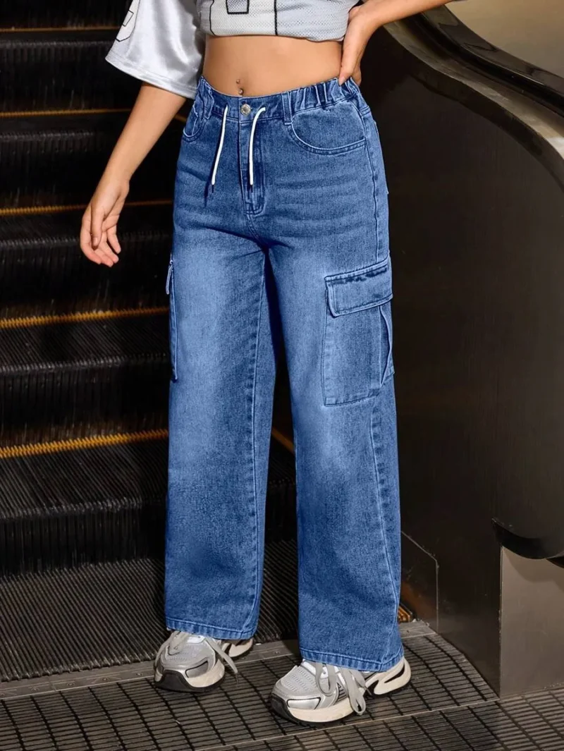 Adjustable Drawstring Waist Wide Leg Loose Comfy Jeans