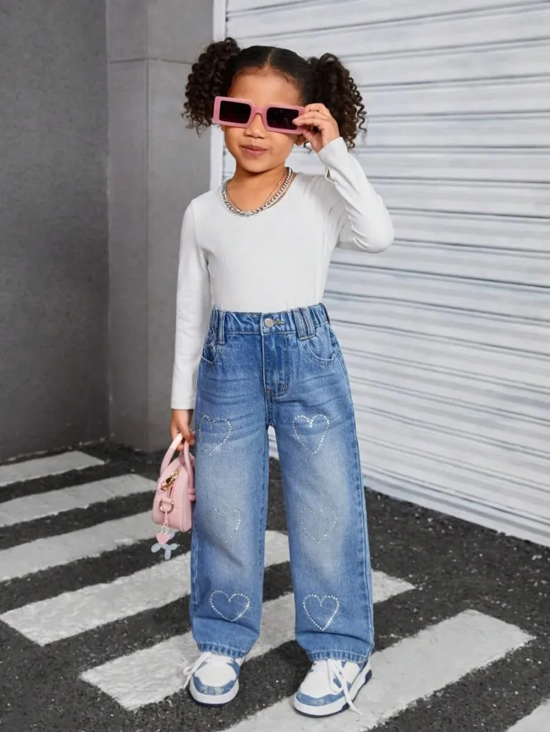 Fashion Heart Crystal Decor Wide Leg Jeans