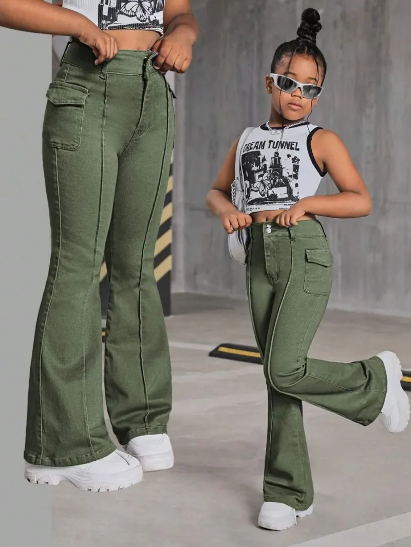 Grey Flap Detail Seam Detail Denim Flare Leg Jeans Pants