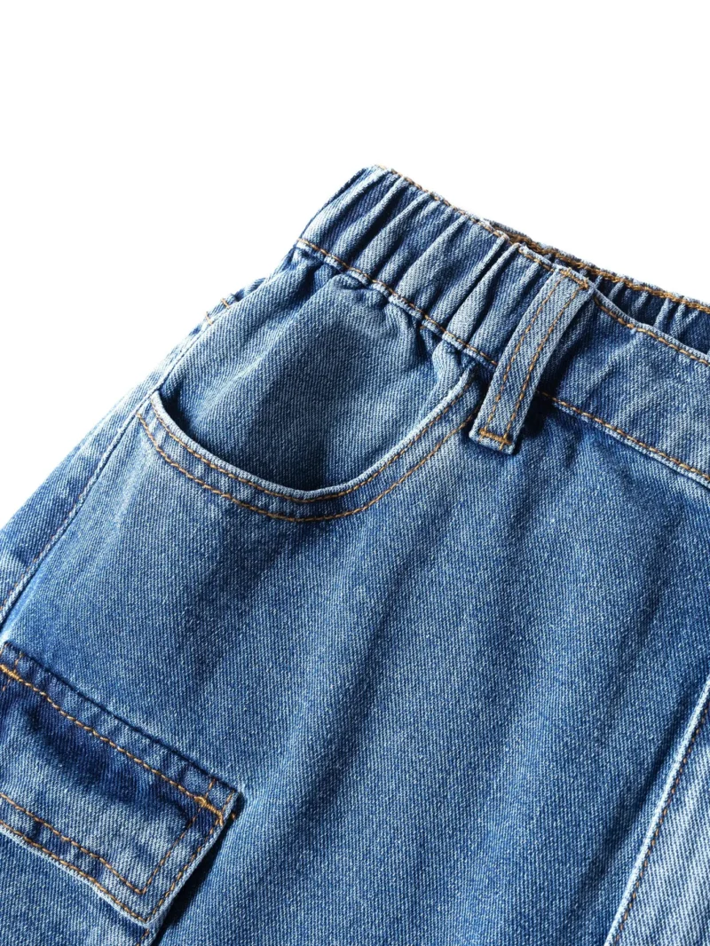 High Waist Multiple Pockets Blue Cargo Denim Jeans