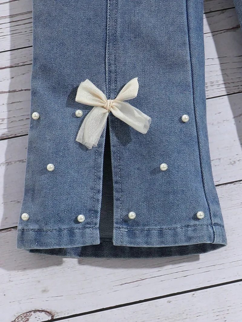 YFaux Pearl & Bow Decor Slit Hem Cropped Flared Pants