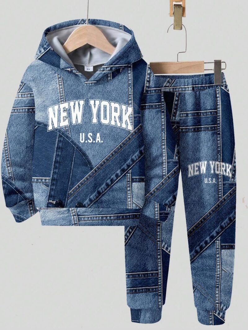 Denim Effect Hooded Sweatshirt And Sweatpants