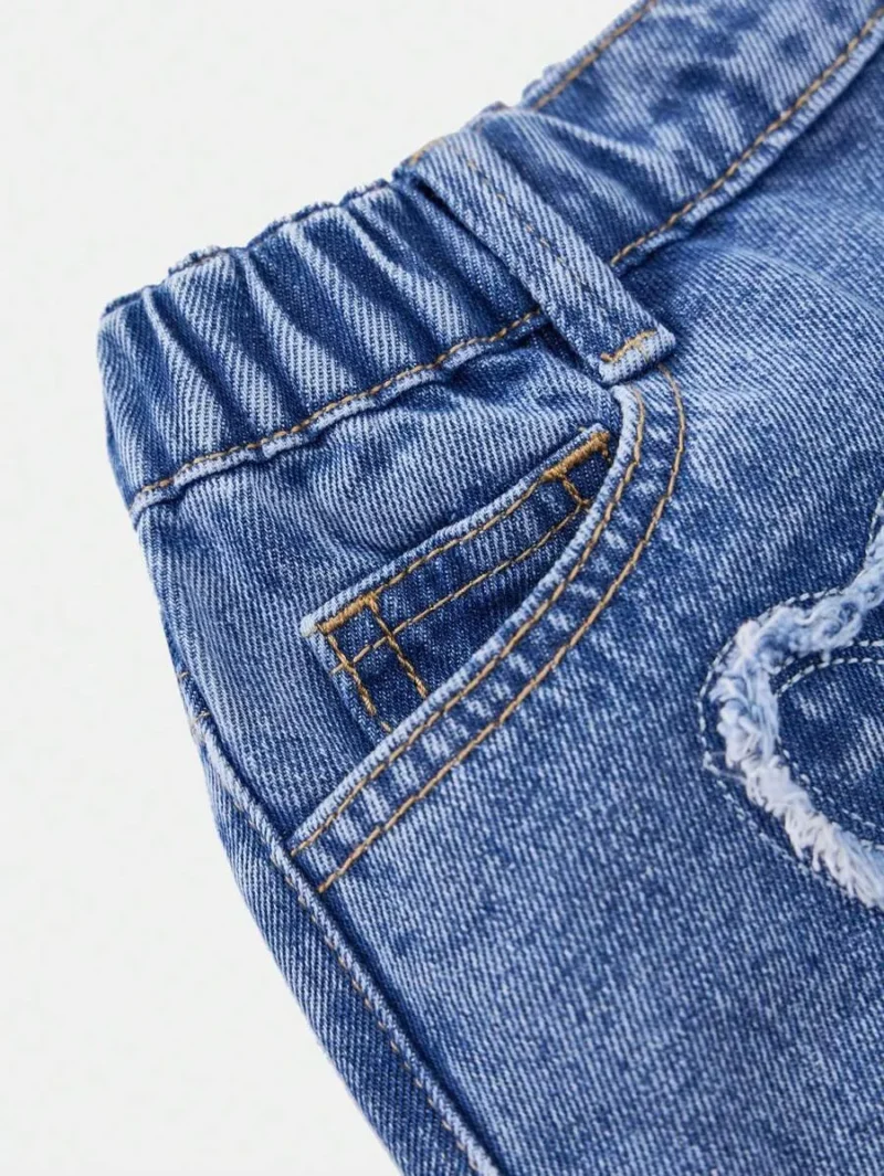 Heart Embroidery Washed Denim Shorts Comfortable