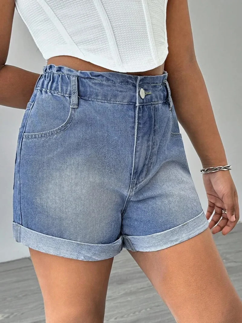 Light Blue Casual Straight Leg Roll Up Hem Denim Shorts