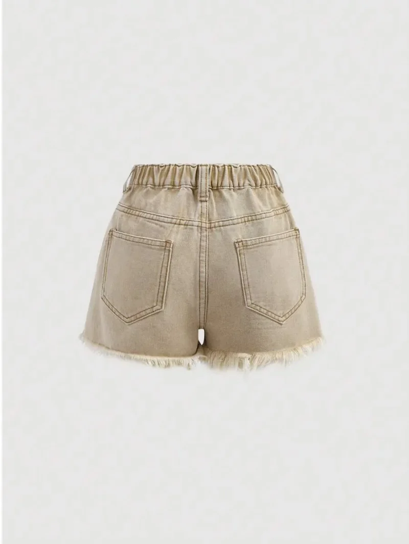Patched Faded Frayed Denim Jeans Shorts for Girls Summer