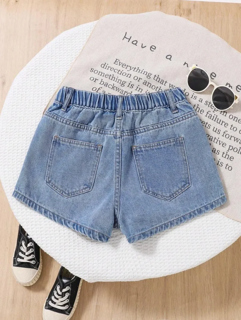 Ripped & Rhinestone Detail Pocket Denim Wash Casual Shorts