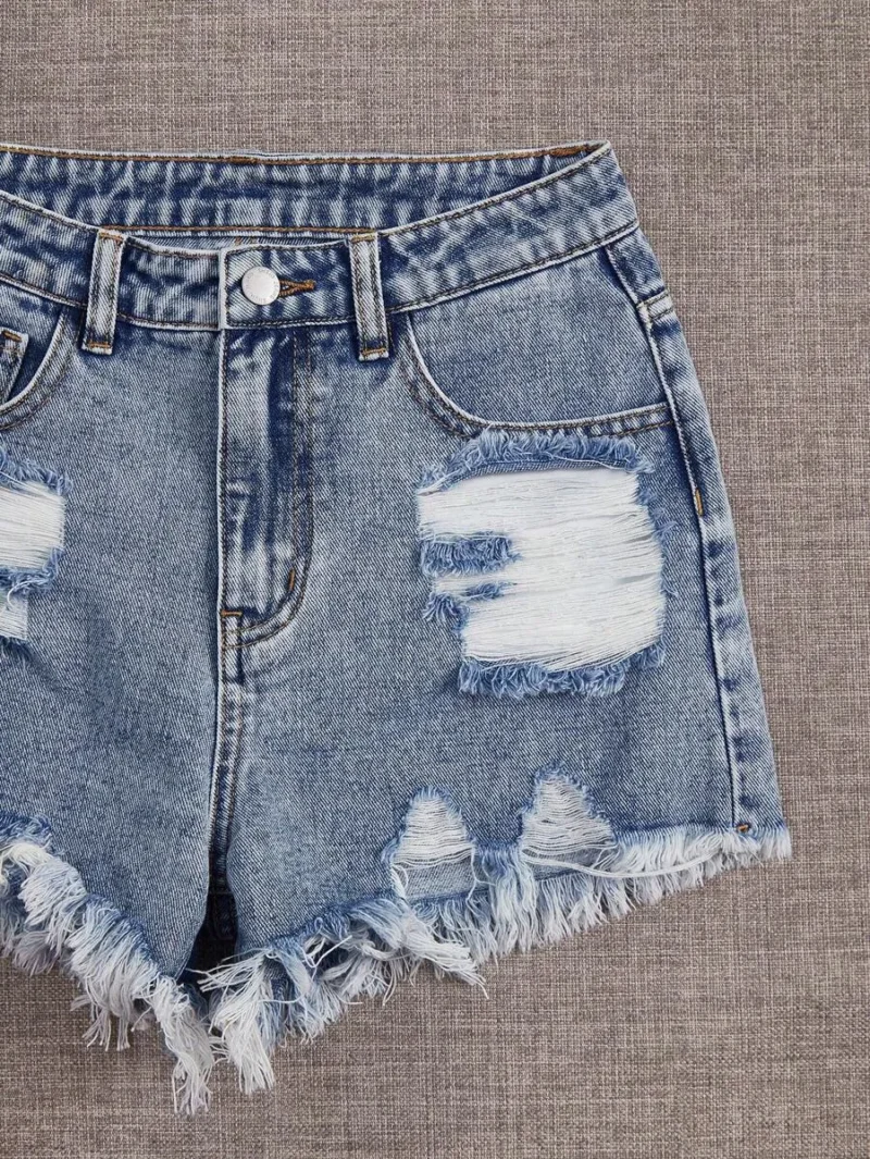 Ripped Raw Hem Denim Shorts