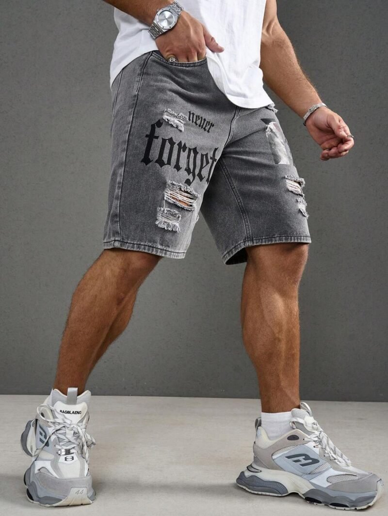 Printed Distressed Denim Shorts With Pockets