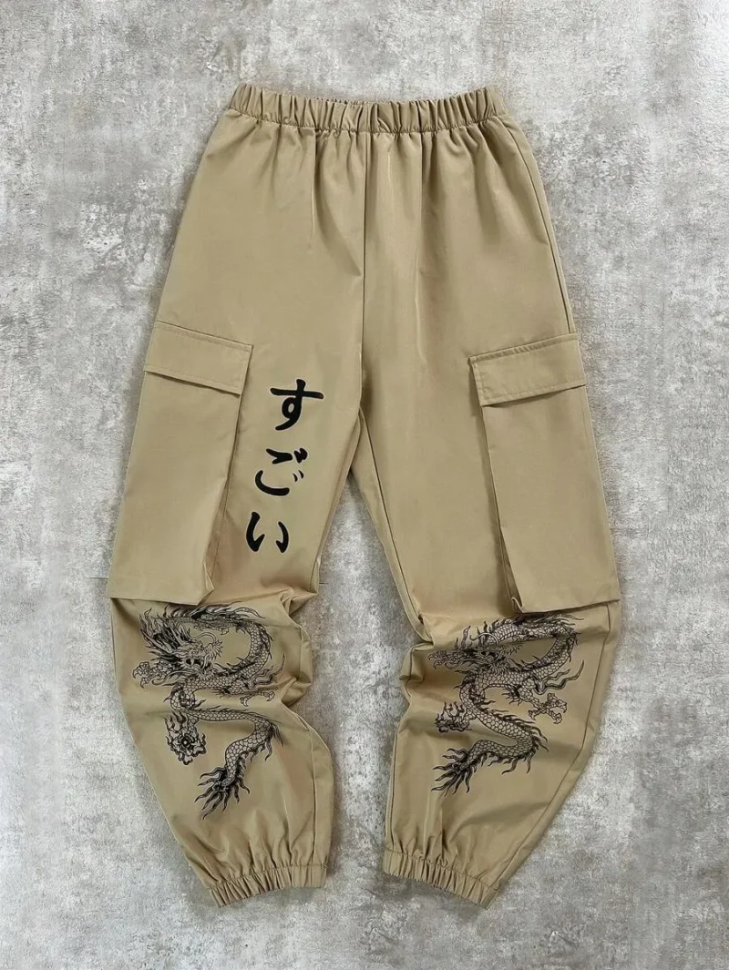 Comfortable Dragon Print Pattern Kangaroo Pocket Elastic Waist