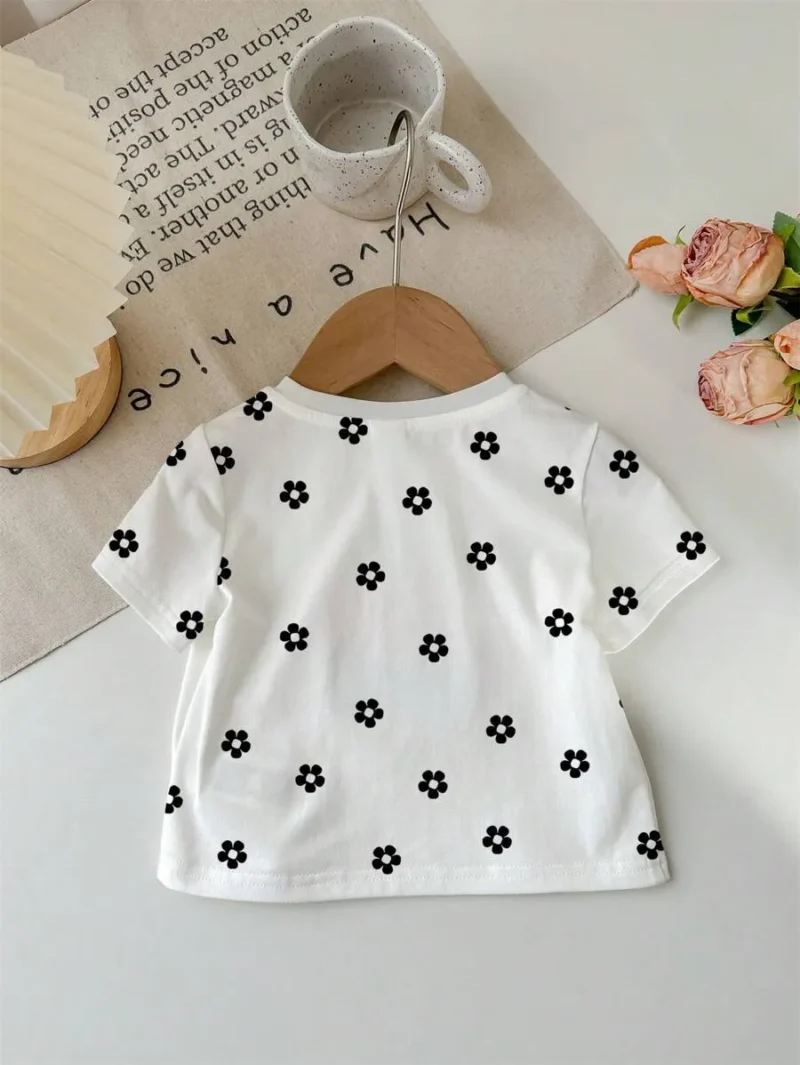 Casual Polka Dot & Flower Print Short Sleeve Crew Neck Top