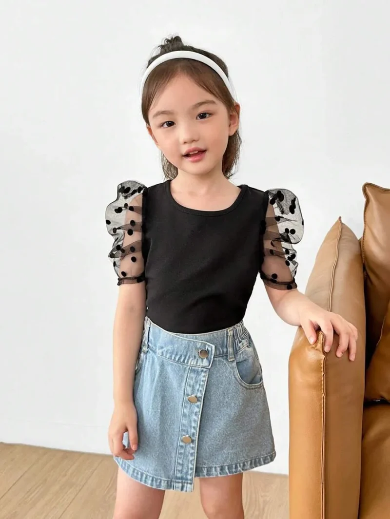 Contrast Dobby Mesh Puff Sleeve Blouse