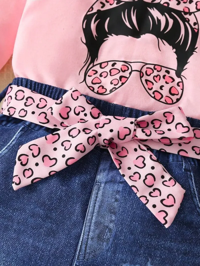 Figure Graphic Tee & Denim Effect Print Belted Pants