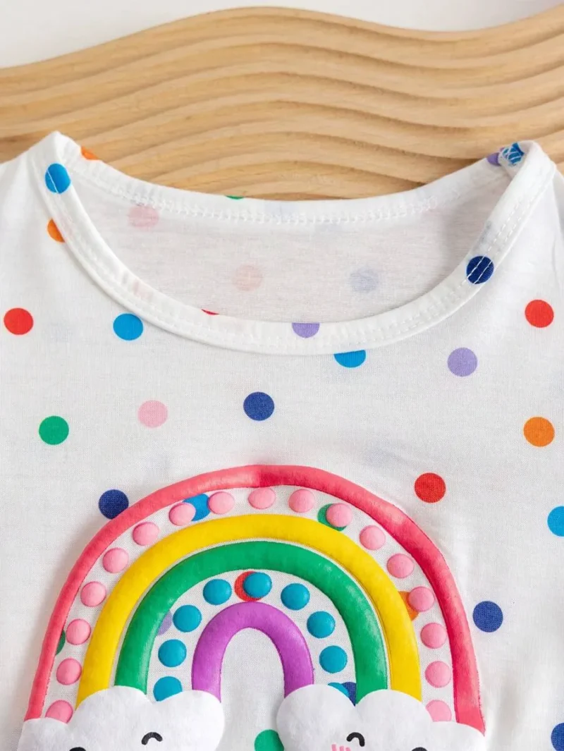 Round Neck Regular Sleeves Colorful Polka Dot Rainbow Printed T Shirt