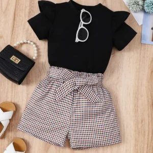 Ruffle Trim Tee & Gingham Paperbag Waist Belted Shorts
