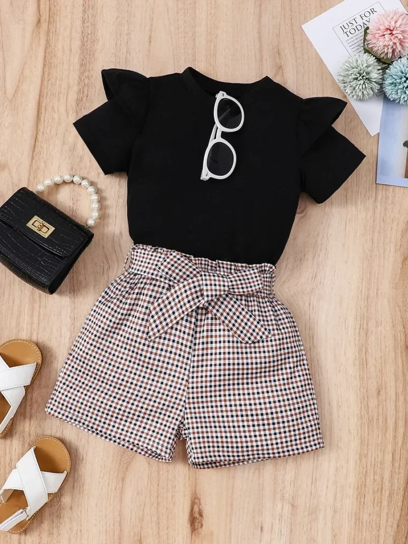 Ruffle Trim Tee & Gingham Paperbag Waist Belted Shorts