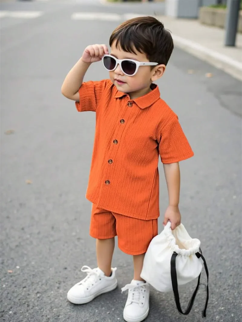 Solid Button Front Shirt & Shorts Without Tee