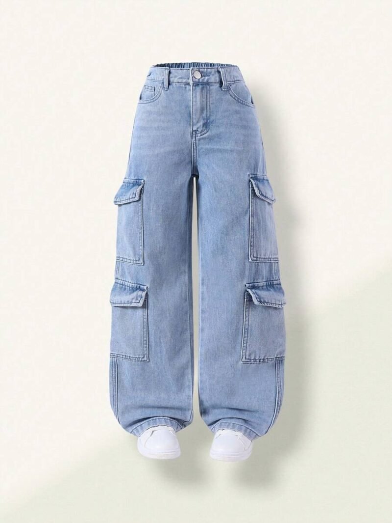 Oversized Multi Pocket Washed Light Blue Cargo Jeans