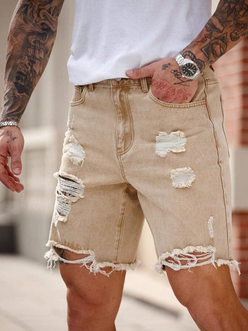 Slim Fit Straight Leg Khaki Denim Shorts