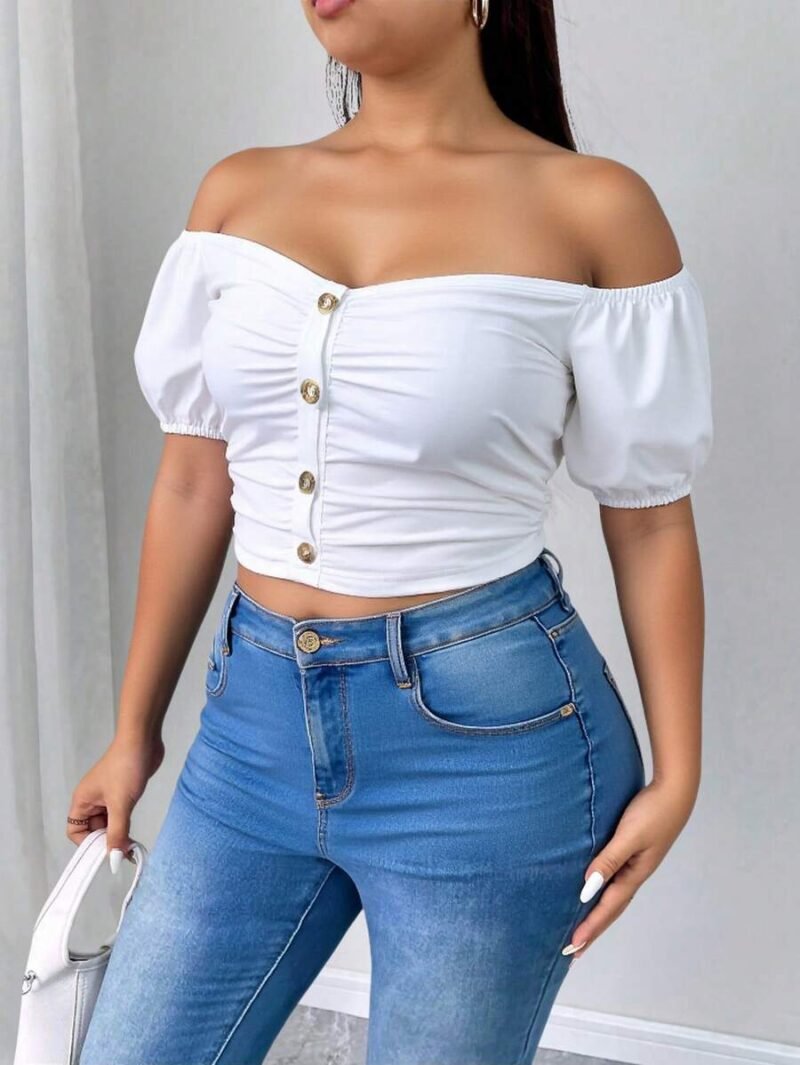 Plus Size Women Off Shoulder Puff Sleeve Cropped