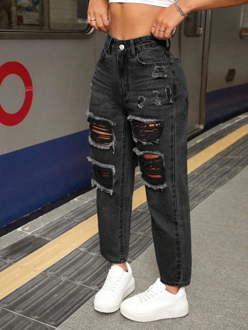 Front Button Pocket Distressed Casual Denim Jeans