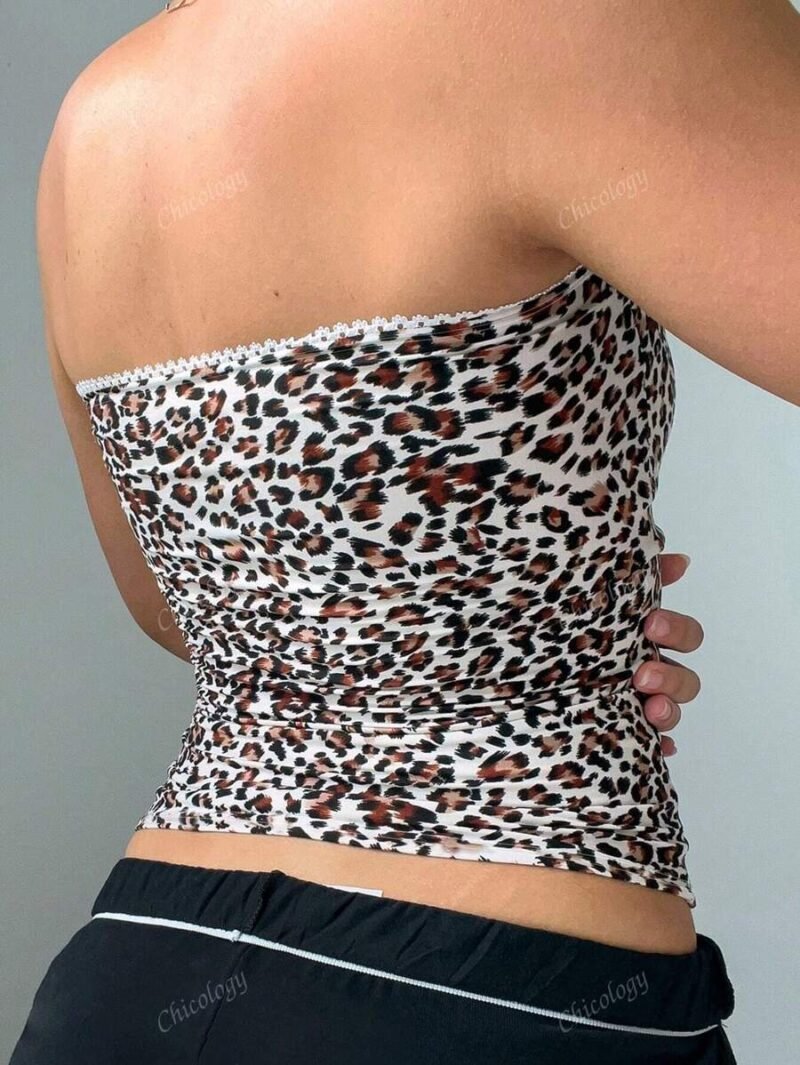 Lace Patchwork Bow Leopard Tube Crop Tanks