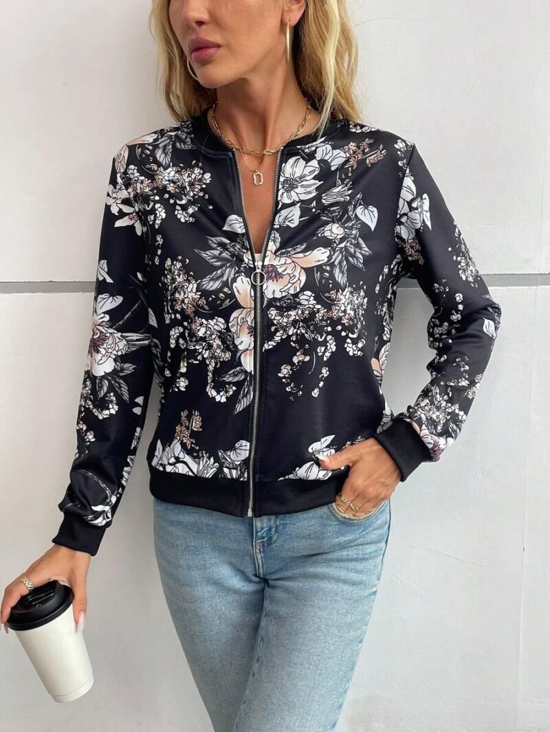 ROSE Floral Print Zip Up Bomber Jacket