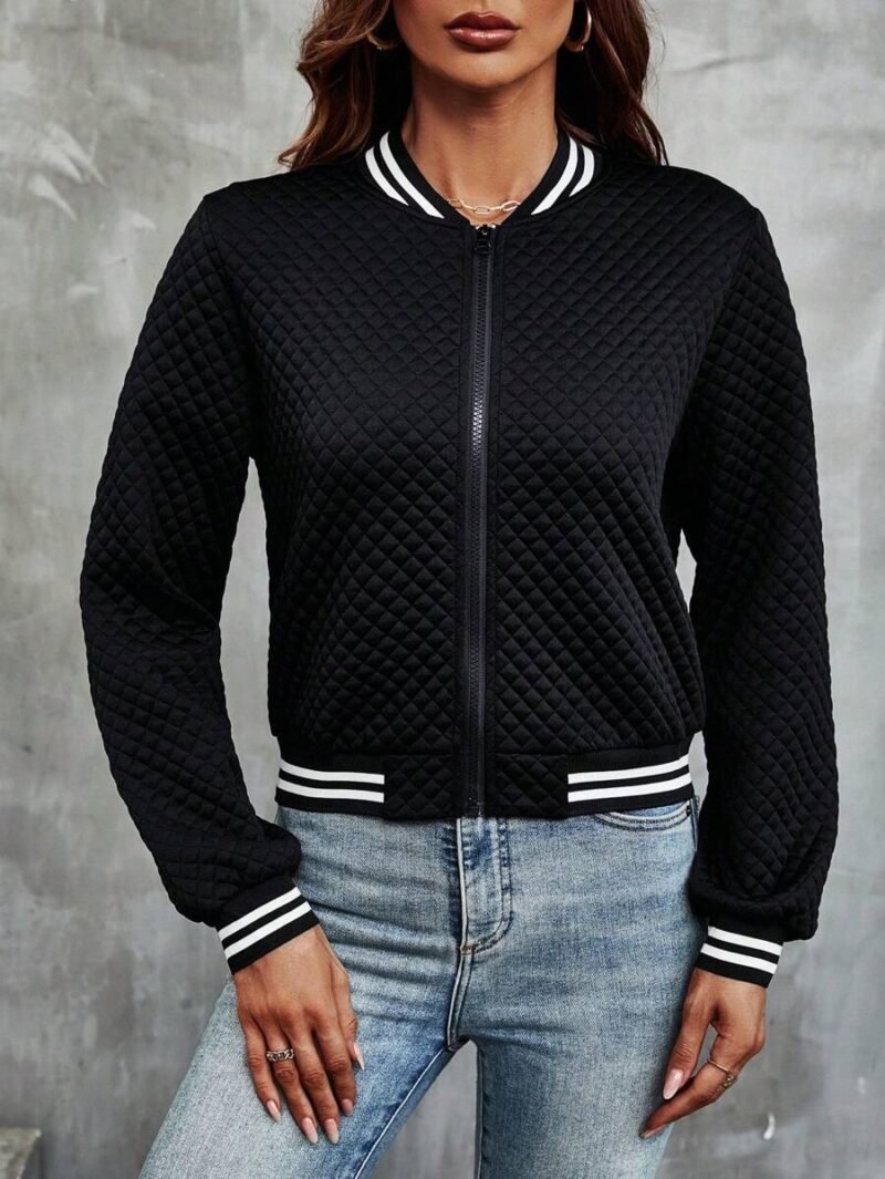 Striped Trim Zip Up Bomber Jacket