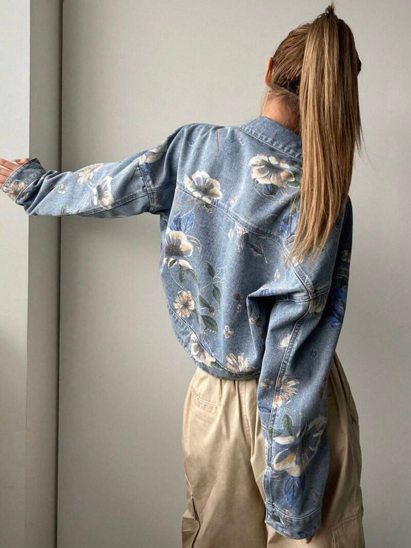 Floral Printed Open Front Denim Jacket