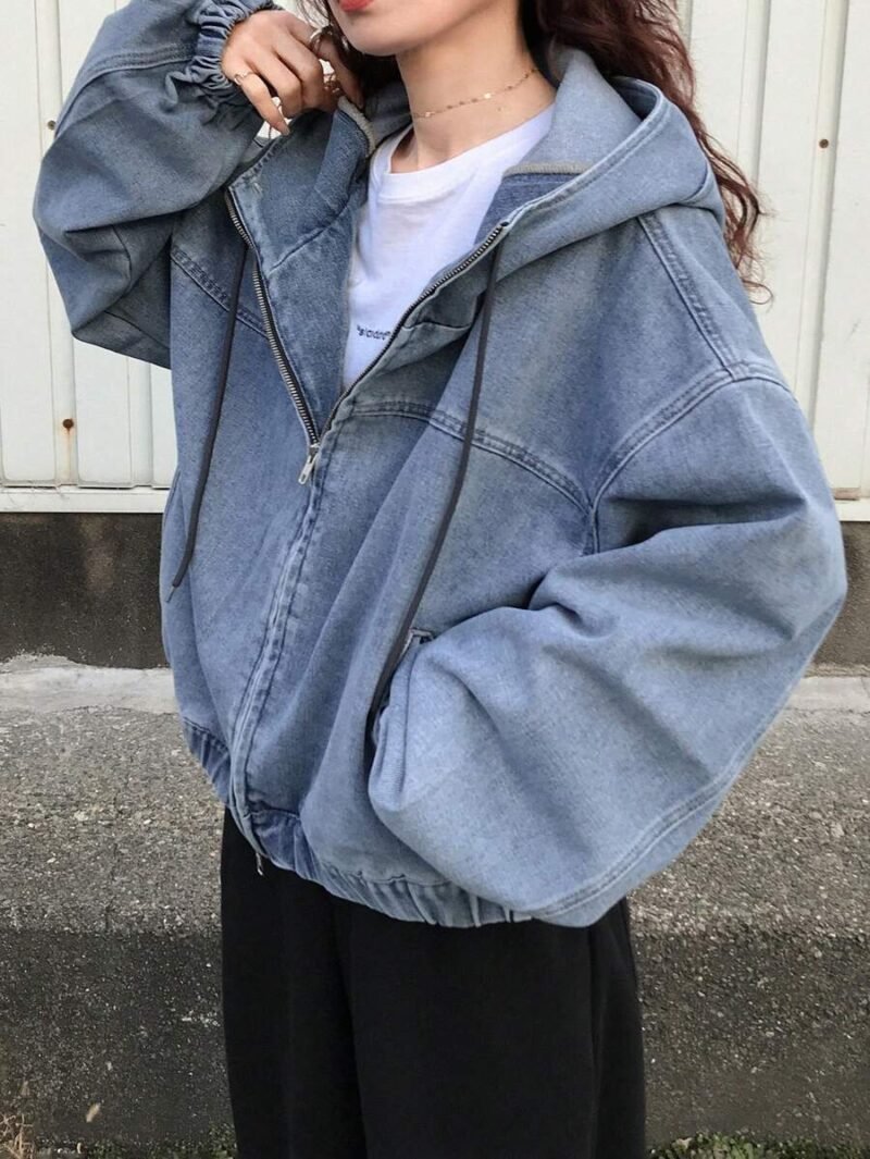 Zip Up Long Sleeve Pocket Casual Hoodie Denim Jacket