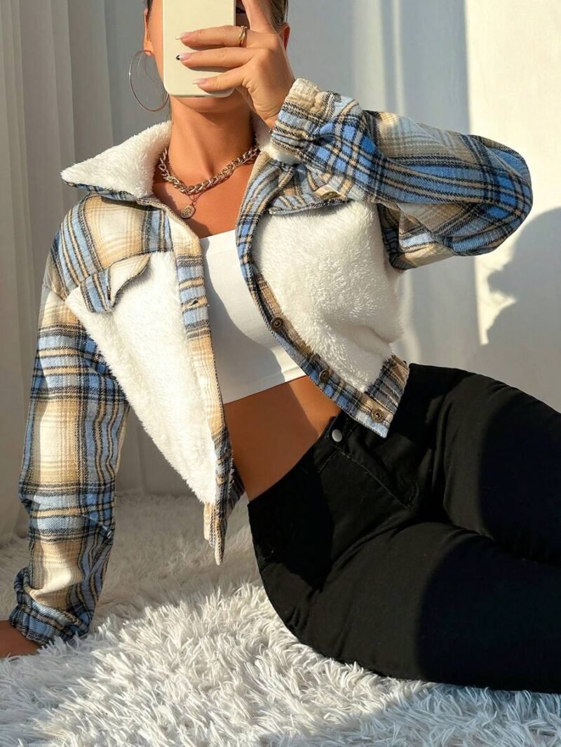 Plaid Print Borg Collar Teddy Jacket