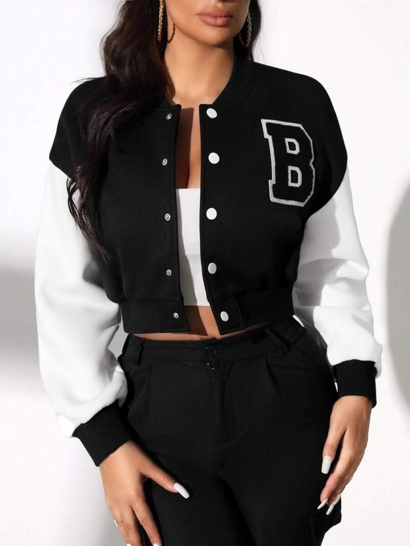 Letter Patch Color Block Off Shoulder Varsity Jacket