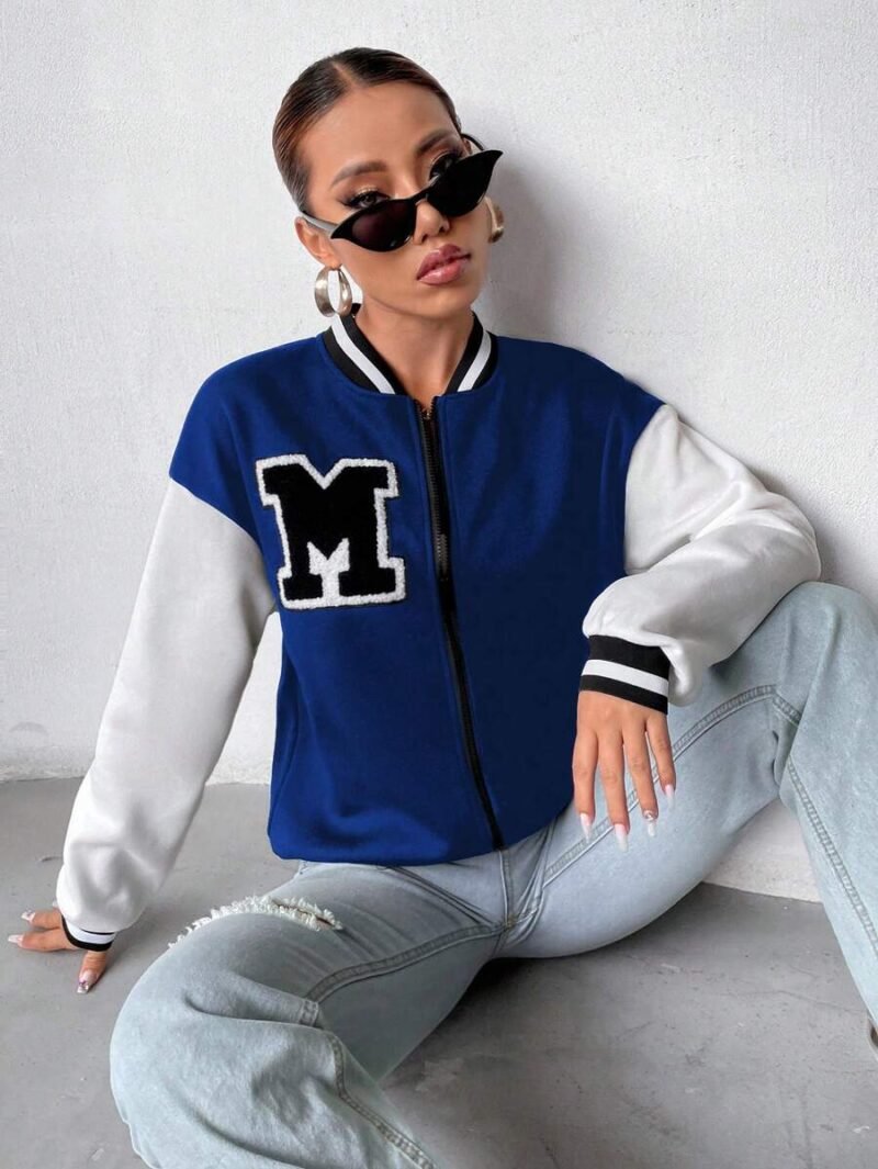 Letter Patched Striped Trim Drop Shoulder Two Tone Varsity Jacket