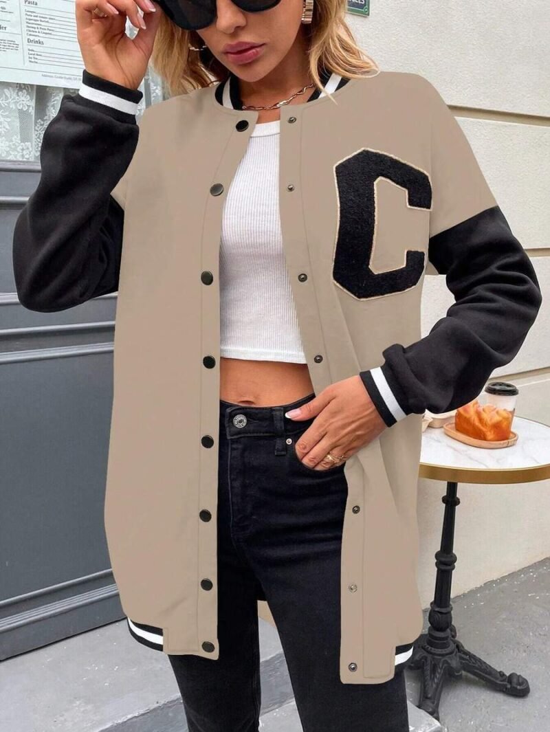 Letter Patched Striped Trim Drop Shoulder Varsity Jacket