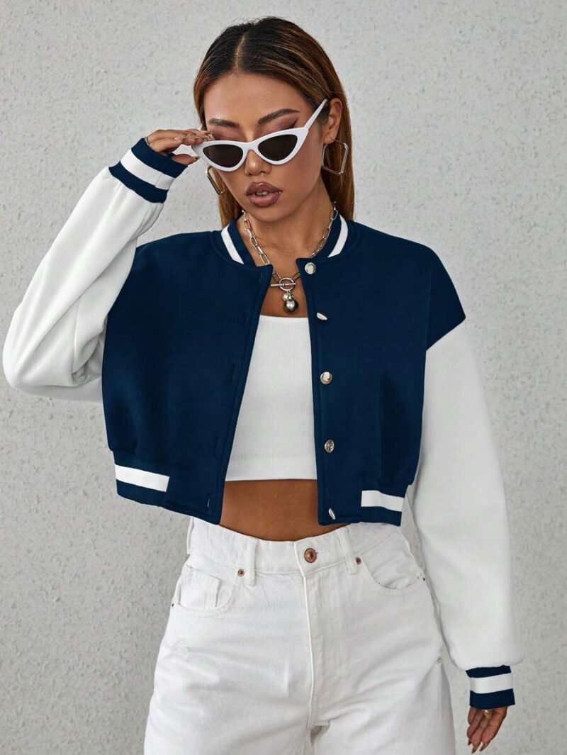Two Tone Drop Shoulder Crop Varsity Jacket