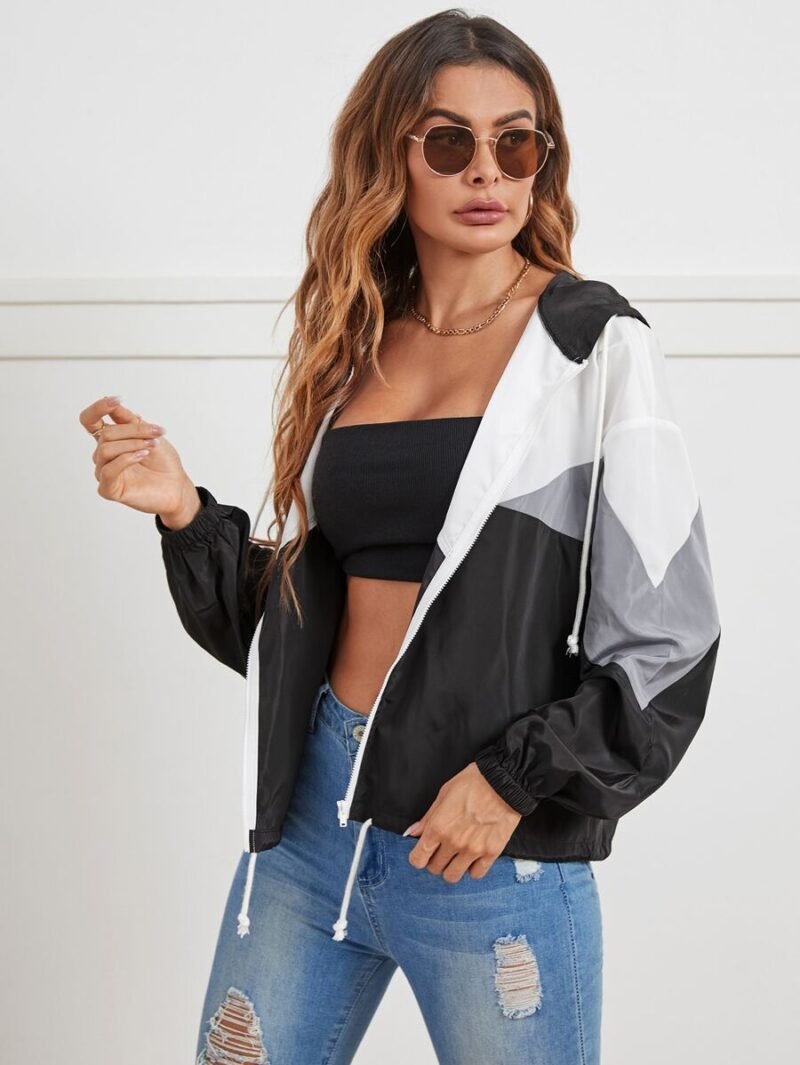 Color Block Drawstring Hooded Wind Jacket