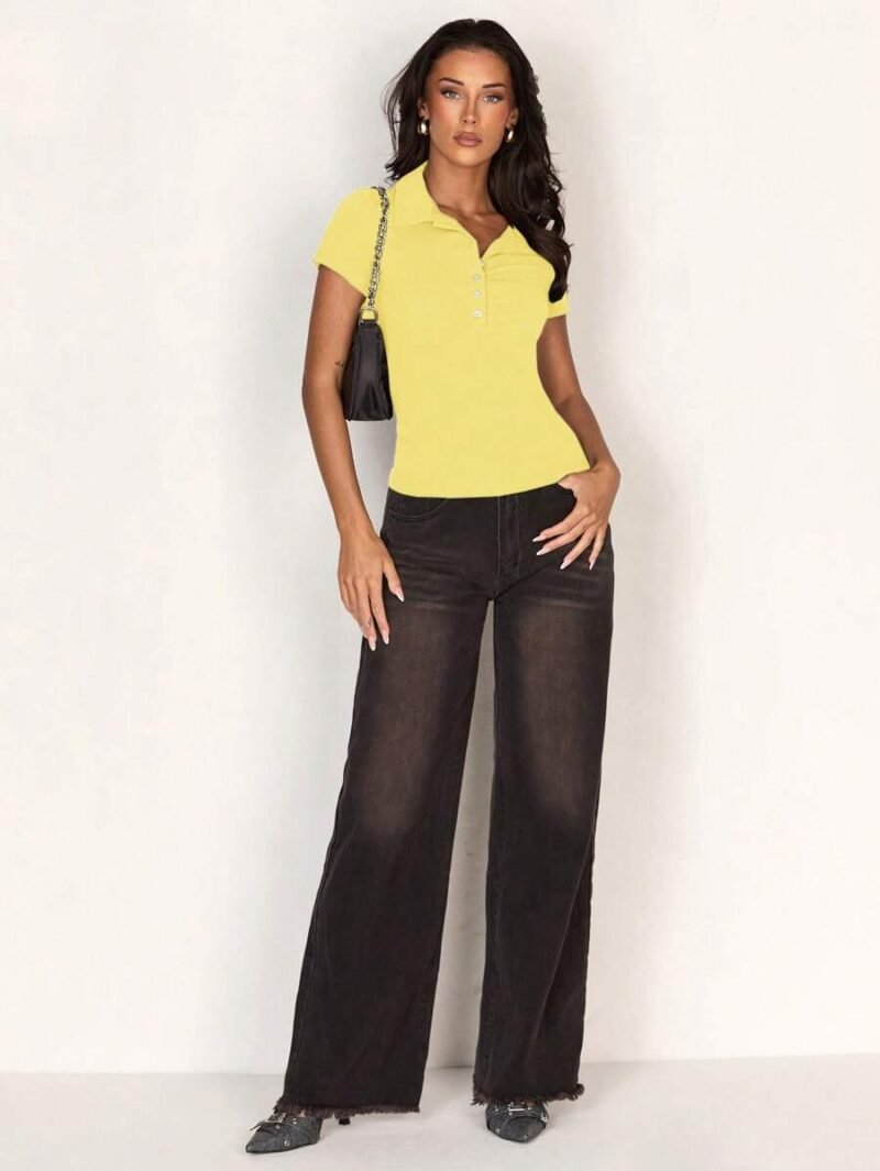 Polo Collar Button Tight Fitted Sporty Bodycon Minimalist Short Sleeve