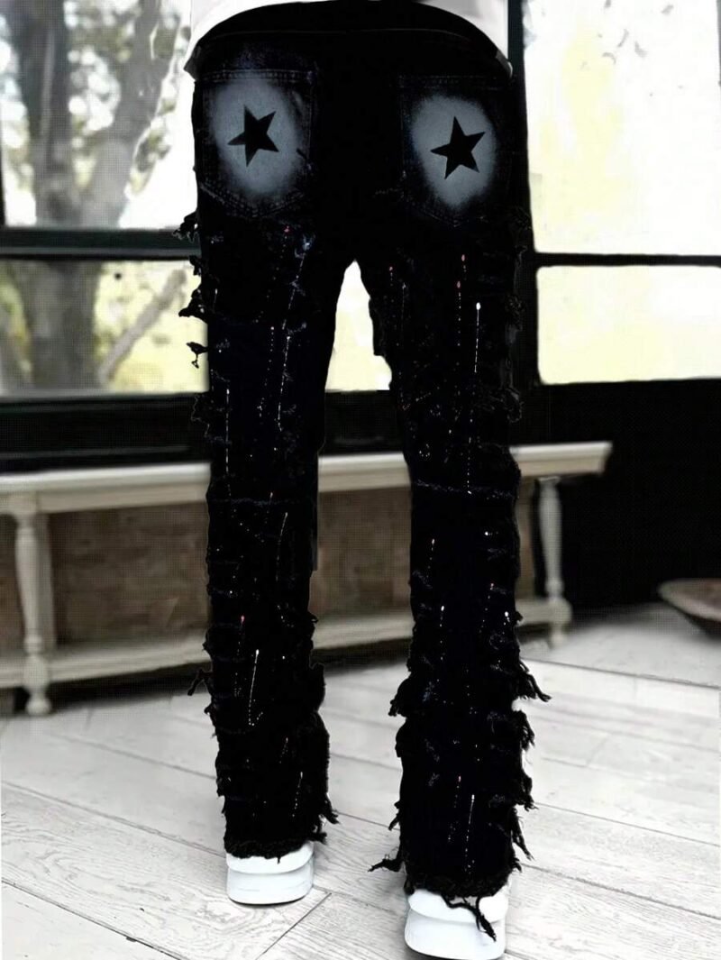 Layered Fringe Star Painted Denim Jeans