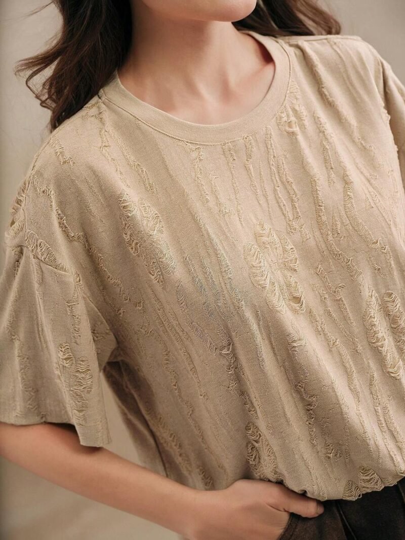 Casual Round Neck Knitted Textured Loose T Shirt