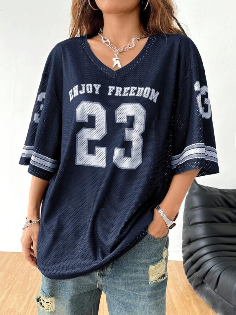 Drop Shoulder Oversized V Neck Football Jersey T Shirt