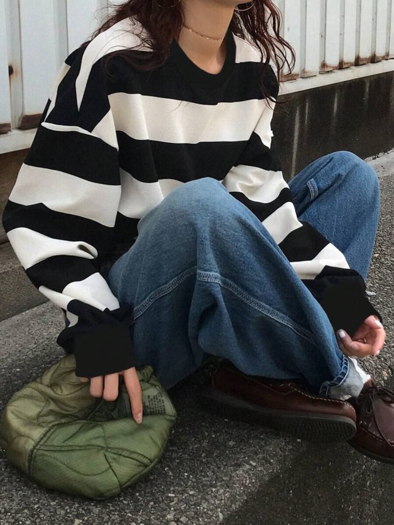 Casual Loose Drop Shoulder Long Sleeve Striped T Shirt