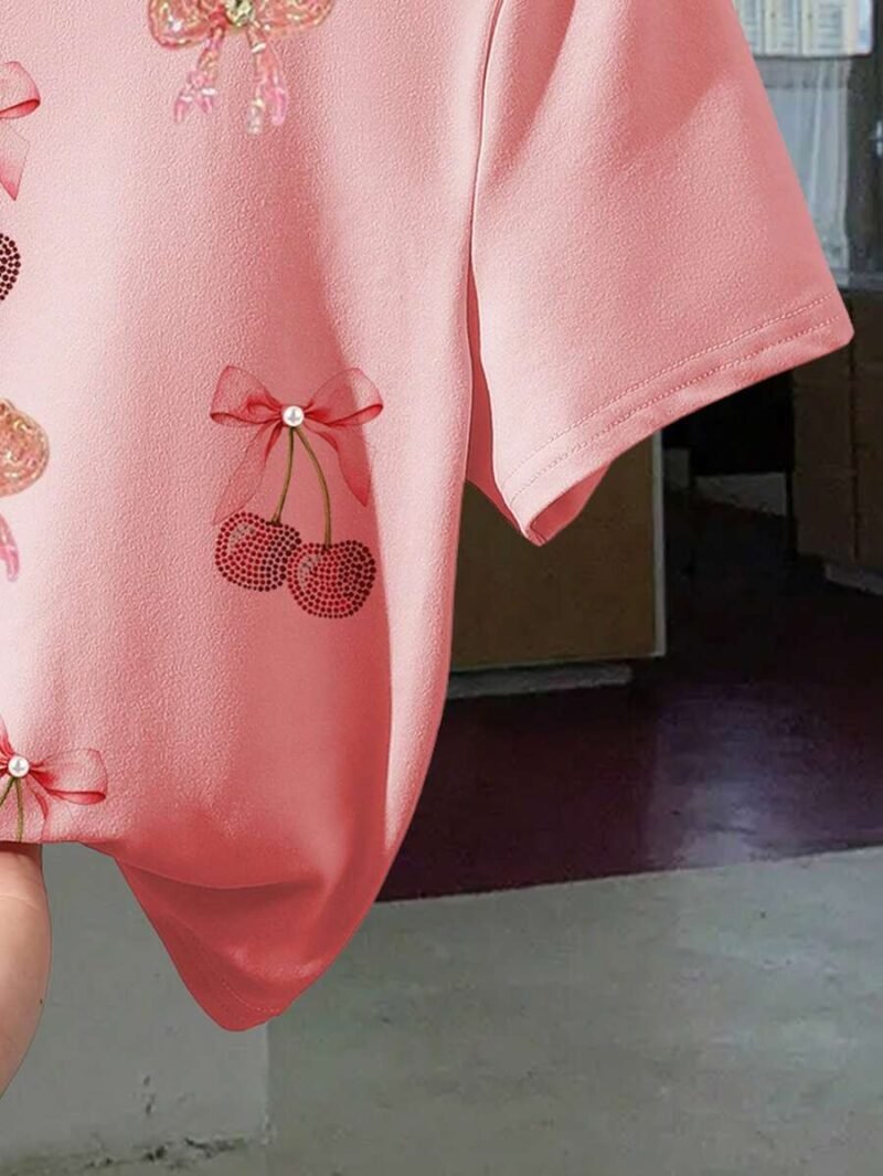 Fruit  Cherry  Bow  Pearl Graphic Print Fitted Tee
